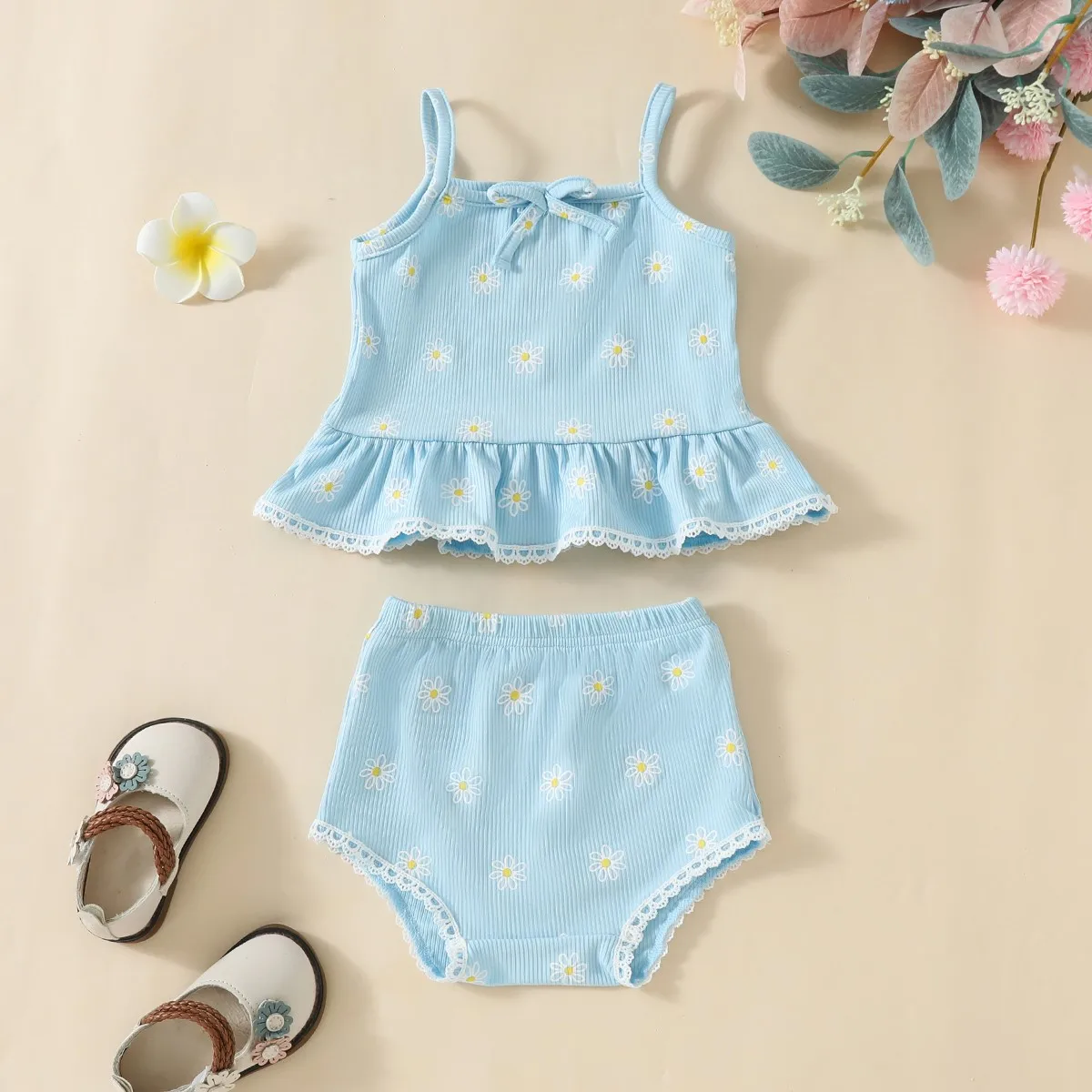 Baby Girl\'s Summer Daily Cute and Fresh Bow Flower Print Ruffled Hem Short Halter Top with Briefs 2-piece Set