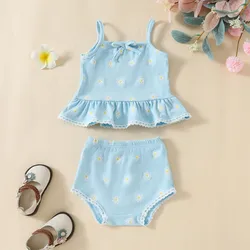 Baby Girl's Summer Daily Cute and Fresh Bow Flower Print Ruffled Hem Short Halter Top with Briefs 2-piece Set