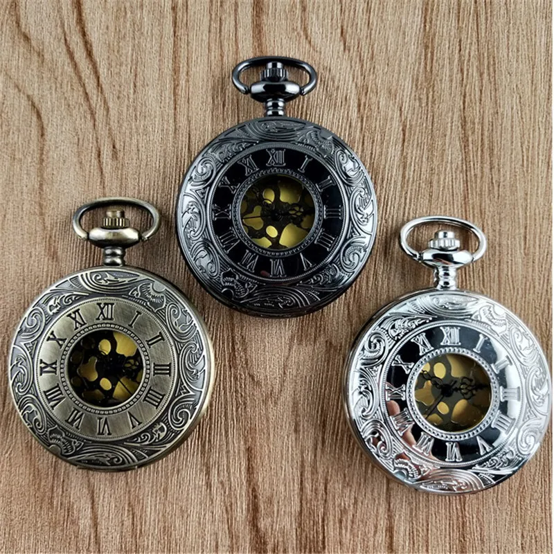 Vintage Luxury Carving Quartz Pocket Watch for Men Engraved Case Roman Numeral Fob Chain Necklace Clock for Man Collection Gifts