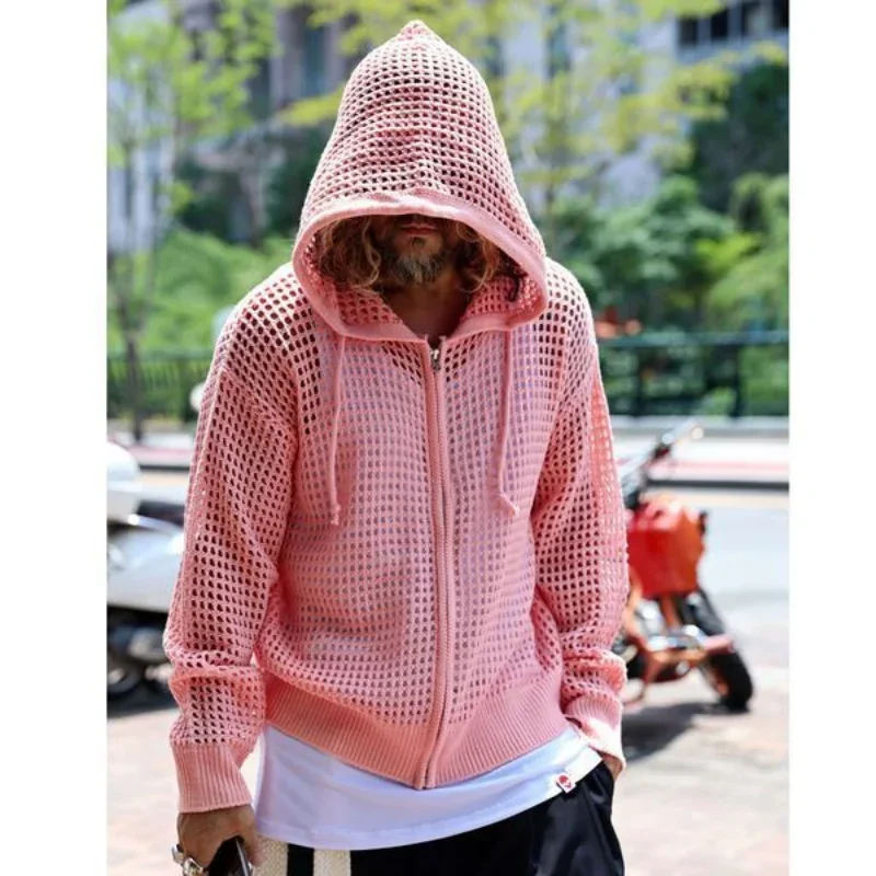Korea Hipster Hollow Out Men Hooded Jacket Long Sleeve Streetwear Hip-hop Loose Knit Cardigan Sun Protection Solid Coat Casual