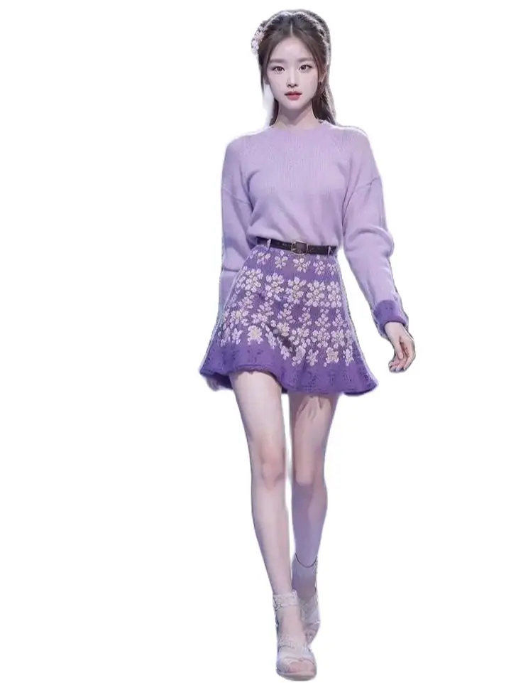 Korea Two Piece Sweater Top Skirt Pleated Skirt Autumn Winter Flowers Purple Skirt Fashion Suit 2024 New