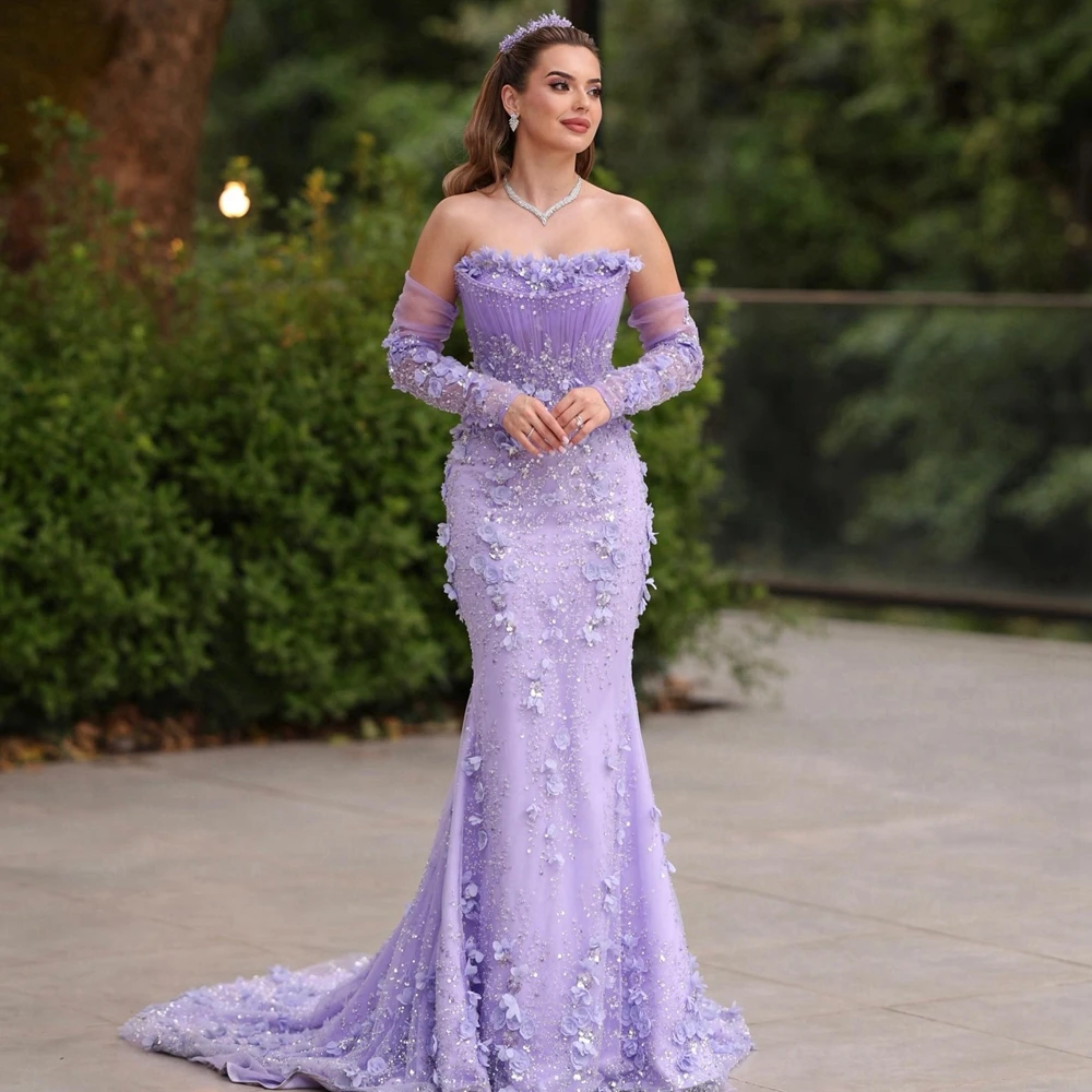 예쁜 비즈 레이스 아플리케 프롬 드레스 스트랩리스 꽃 레이스 메쉬 이브닝 파티 드레스 맞춤 제작 튤 파티 가운