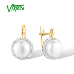 VISTOSO Pure 14K 585 Yellow Gold Earrings For Women Sparkling Diamonds Fresh Water Pearl Geometric Trendy Wedding Fine Jewelry
