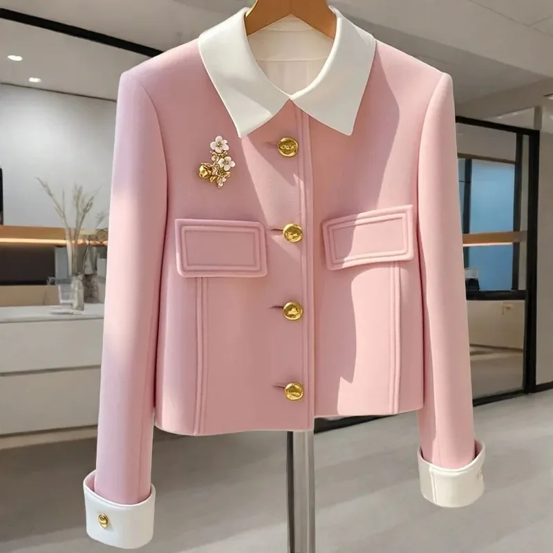 2024 Spring and Autumn Xiaoxiangfeng Age Reducing Pink Jacket Women Korean Long Sleeves Short Style Slimming and Slimming Top