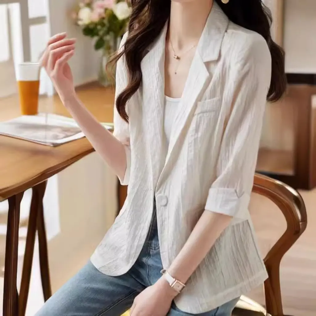 

Women's Solid Color Tencel Suit Jacket with Pocket Summer New Fashion Casual Thin Top Sleeve Sunscreen