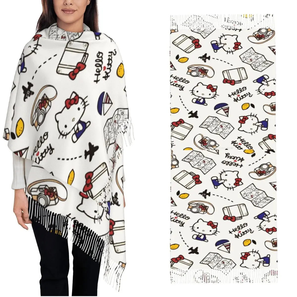 

Женский шарф с кисточками Hello Kitty, длинная зимне-осенняя шаль, повседневная одежда, шарфы из пашмины