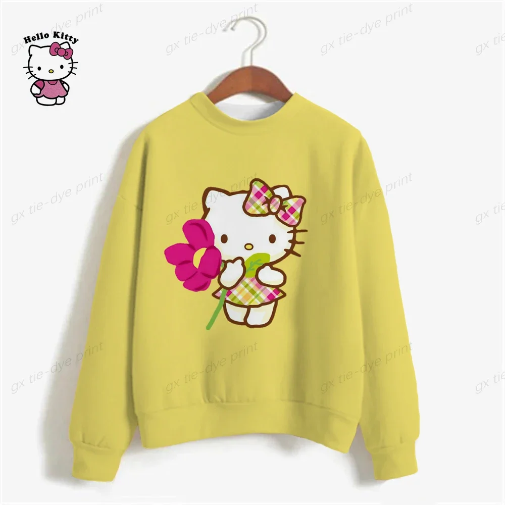 HELLO KITTY Shirt For Women Tid Dye Long Sleeve Shirts Autumn Hoodies Sweatshirts Casual Loose Pullover Sweatshirt Blouses Tops