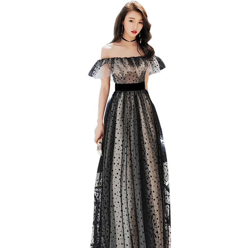 

Black Off-Shoulder Youth Graduation Evening Dress Women High-End Light Luxury Niche Adult Ceremony Banquet Host Art Test Vestito