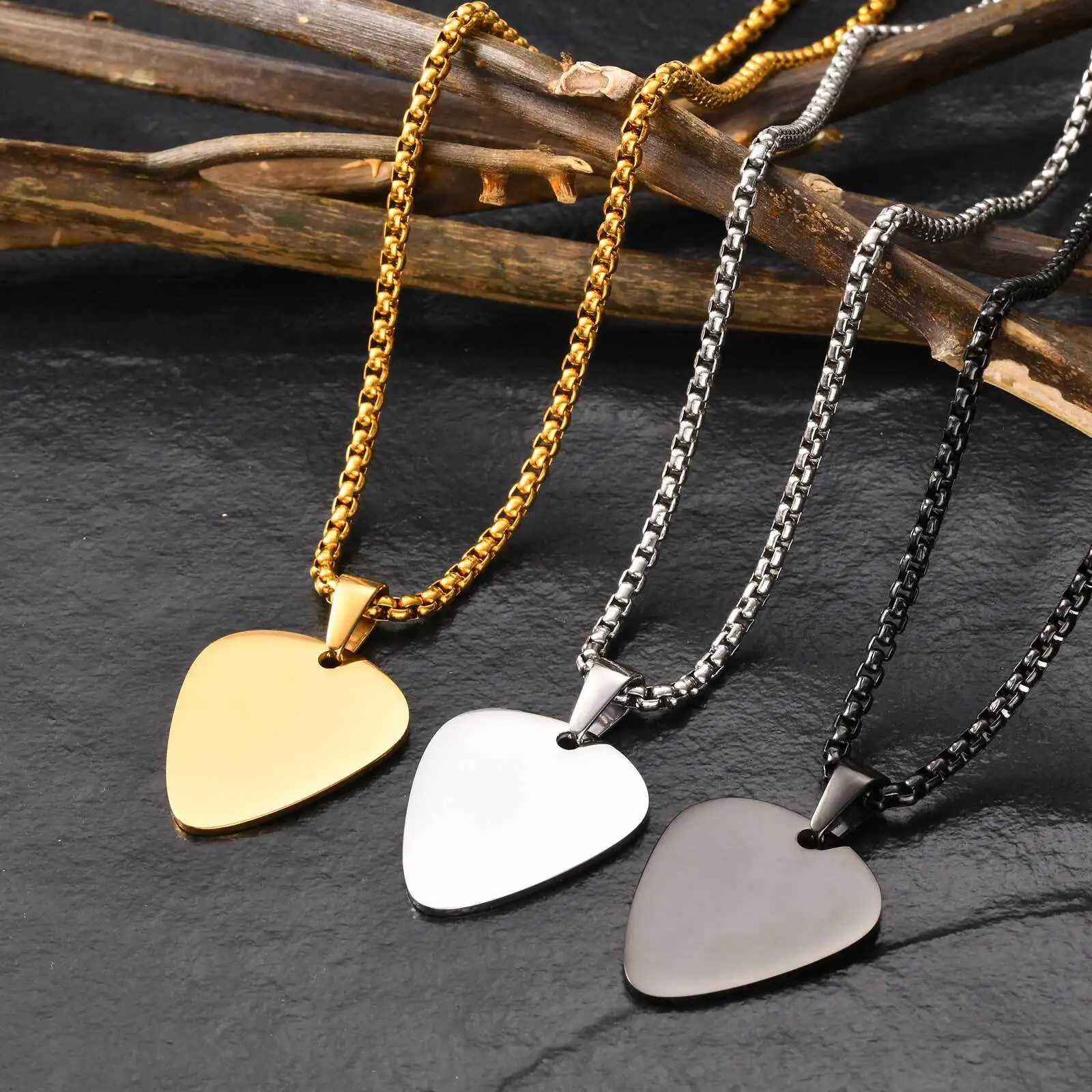 Punk Guitar Pick Necklace for Men Boys,Stainless Steel Guitar Picks Pendant Collar with 3MM Box Chain,Music-lovers Jewelry Gifts