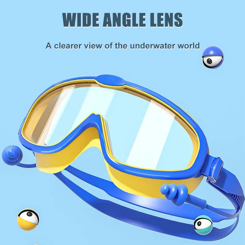 Lunettes de natation à grand cadre pour enfants, avec bouchons d'oreille, anti-buée, pour garçons et filles, pour piscine et plage