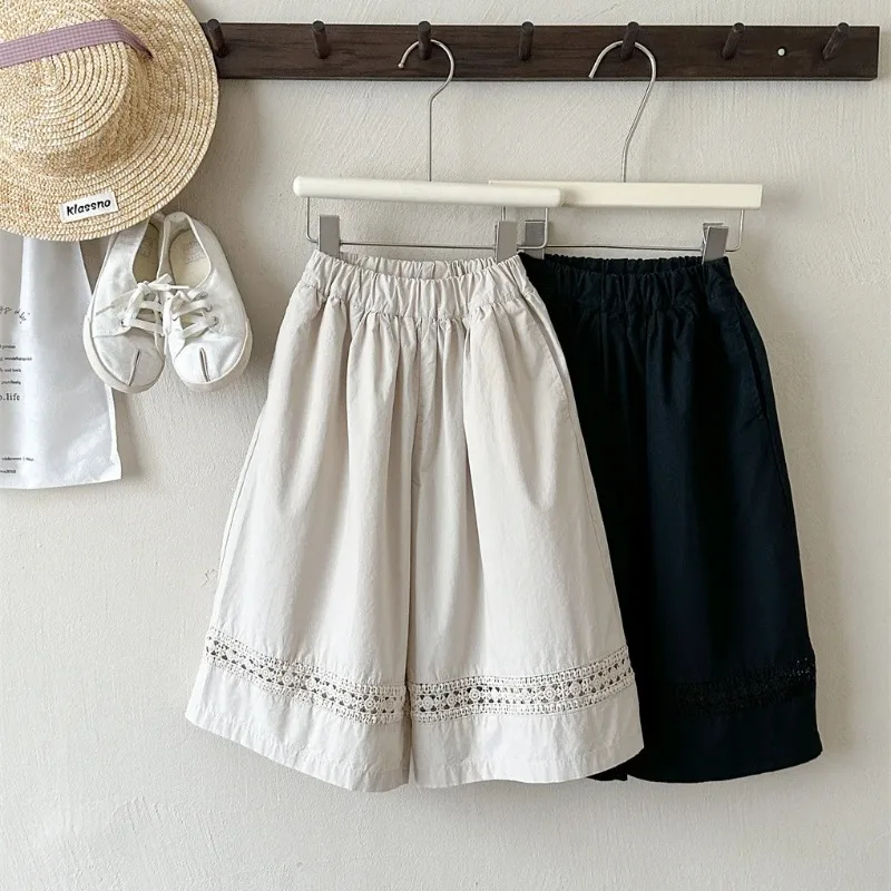 

Children Pants 2025 Summer New Girl Korean Lace Pant Sweet Simple Solid Color Straight Wide-leg Pants