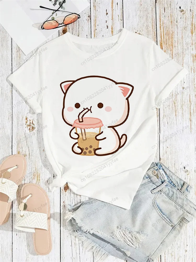 버블 티 하라주쿠 카와이 티셔츠 여성 재미있는 만화 티셔츠 귀여운 애니메이션 탑 걸스 티 여성