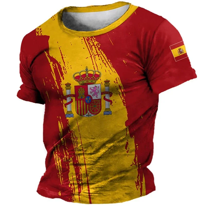 Retro Spain Flag 3D Printed T-shirt Men's Clothing Short Sleeve Crew Neck T Shirts Harajuku National