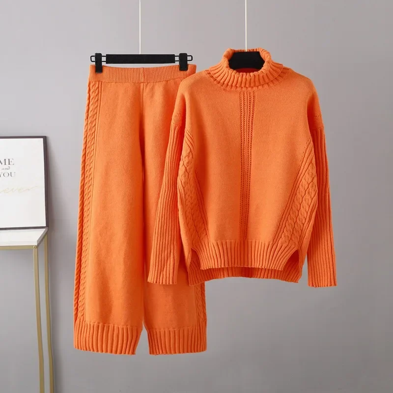 Damen 2-teiliges Set aus Rollkragenpullover und Mantel, Lässige Weite Hose mit Elastischem Bund, Herbst-Winter-Outfit – Detail 8