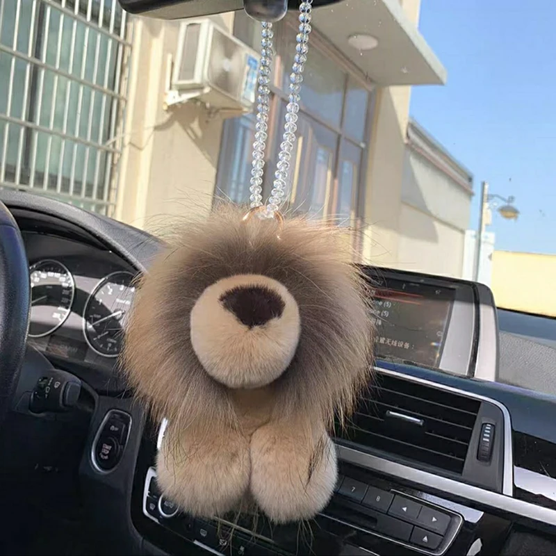 Luxury Real Rex Rabbit Fur Lion Pendant Keychain Women Cute Plush Doll Toy Kids Trinkets Bag Car Keyring Ornament Birthday Gift