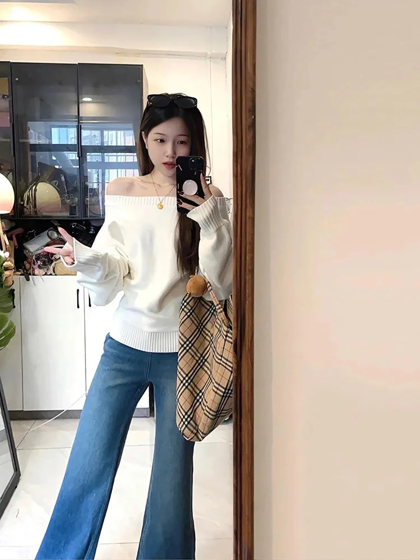 Ele محبوك سترة المرأة oulder Bared فضفاضة تناسب مائل طوق حصيرة Sle تنوعا الخريف الشتاء Faion