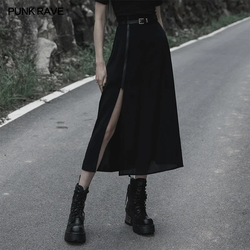 

PUNK RAVE Women's Minimalist Thin Two-wear A Pendulum Chiffon Half Skirt Detachable Belt High Waist Long Skirts Women