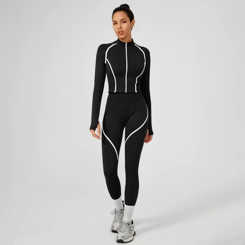 Women’s Yoga Set Long Sleeve Zip Up Crop Jacket High Waist Leggings Gym Workout Fitness Sportswear 2 Piece Suit