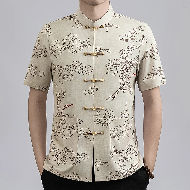 Chinese Style Luxury Shirts For Men Short Sleeve Print Tang Suit Summer Quality Silky Comfortable Frog Buttons Camisas De Hombre