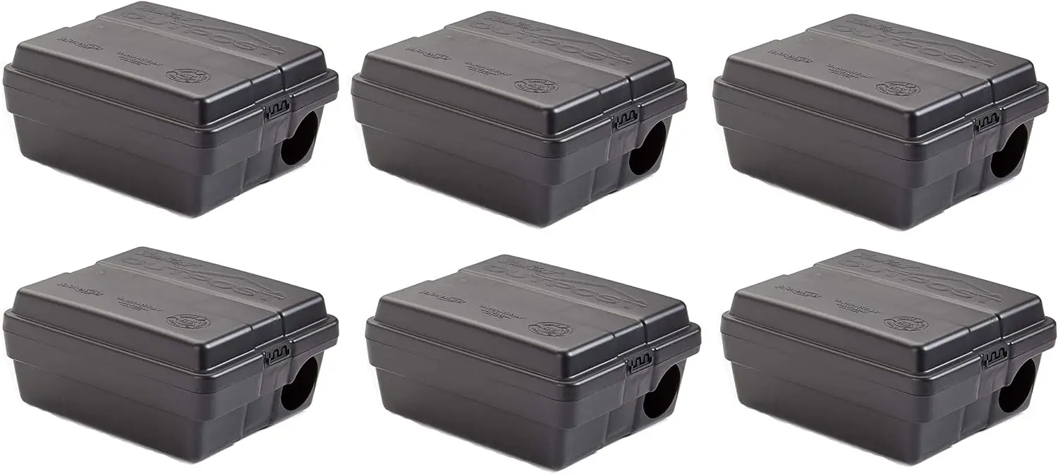 Outpost rat bait station, set of 6, lockable tamper-resistant, vertical or horizontal mount, black, 8.5
