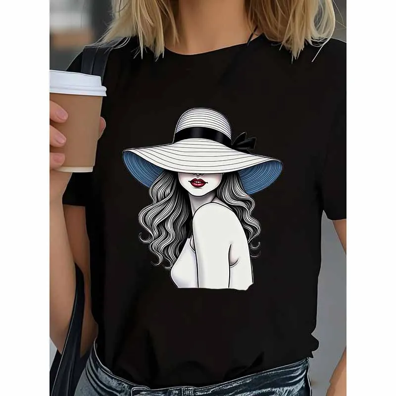 

Cotton 100% Best-selling New Hooded Beauty Pattern Printed Round-neck Short-sleeved T-shirt Graphic T Shirts Women Clothing
