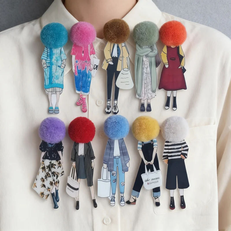 

10pcs Cute Acrylic Brooch With Hairballs and Wool Hat Brooch Pins For Christmas Gifts