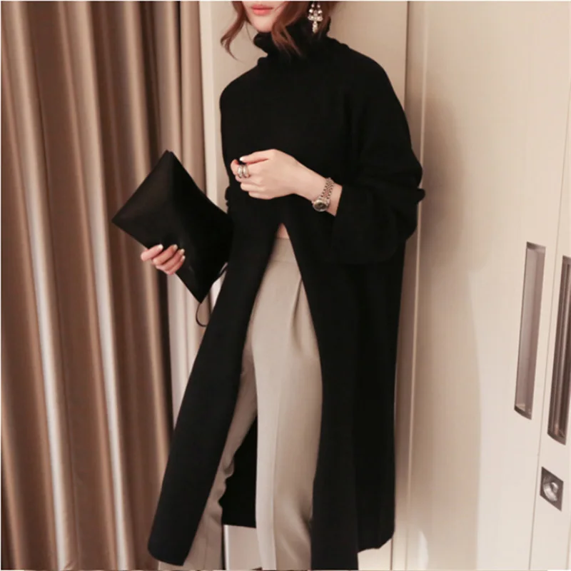 Korean Style Solid Long Sweater Women Autumn Winter New Split Turtleneck Long Sleeve Pullovers Loose All-matched Knitwear