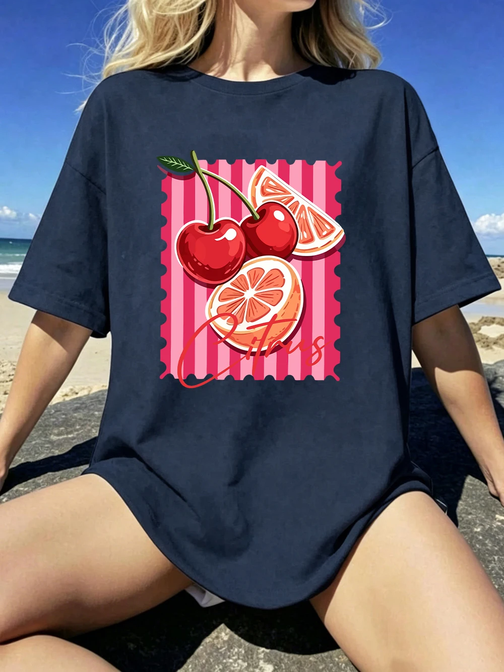 Rote Kirsch-Zitrus-Bedruckte T-Shirts aus Baumwolle für Damen, Sommerliche Oversize-Oberteile, Basic O-Neck Kurzarm-T-Shirts, Lässige Weiche Kleidung – Detail 29