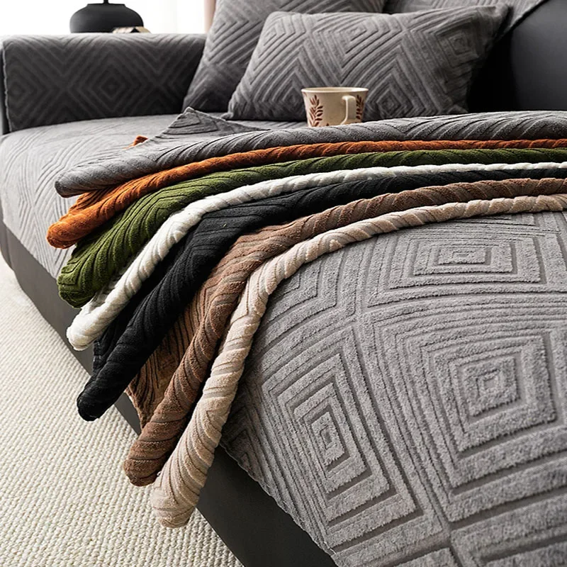 French Chenille Jacquard Sofa Cushion Dirt-Resistant Couch Slipcover with Anti-Slip Particles Cozy Home Decor for Four Seasons