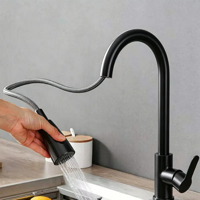 

Кухонный смеситель из нержавеющей стали 304 с выдвижным распылителем, поворот на 360° ° Поворотный смеситель для горячей и холодной воды с 2 режимами распыления для домашнего использования