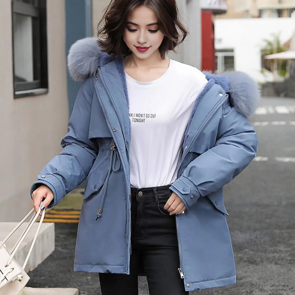 

Winter Down Coat Thickened Padded Plush Mid Length Windproof Pockets Long Sleeves Adjustable Drawstring Outwear Cotton Jacket
