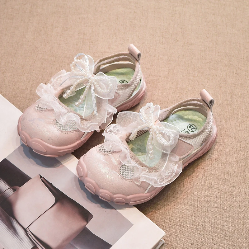 

Girls Princess Sandals with Lace Bow Breathable Mesh Soft Sole Anti Slip Kids Toes Capped Sport Sandals Children Casual Shoes