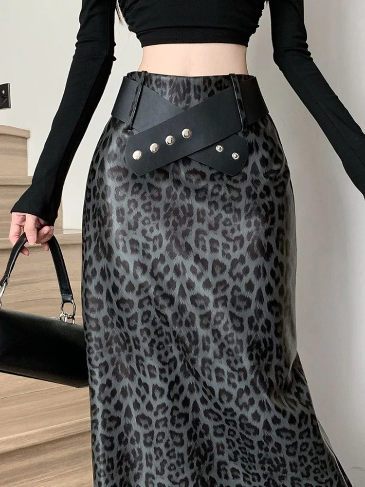 Vintage High Waist PU Leather Leopard Belt Slim A-line Long Skirt Fashion High Street Autumn Winter Clothing