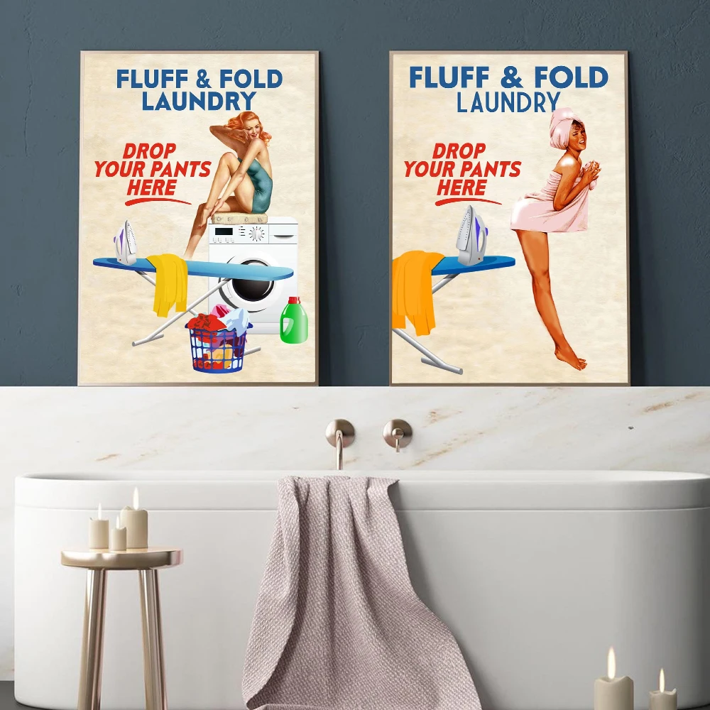 Naughty Laundry Fluff Fold Canvas Prints Vintage Pinup Sexy Woman Poster Painting Bath Room Toilet Wall Art Pictures Decor