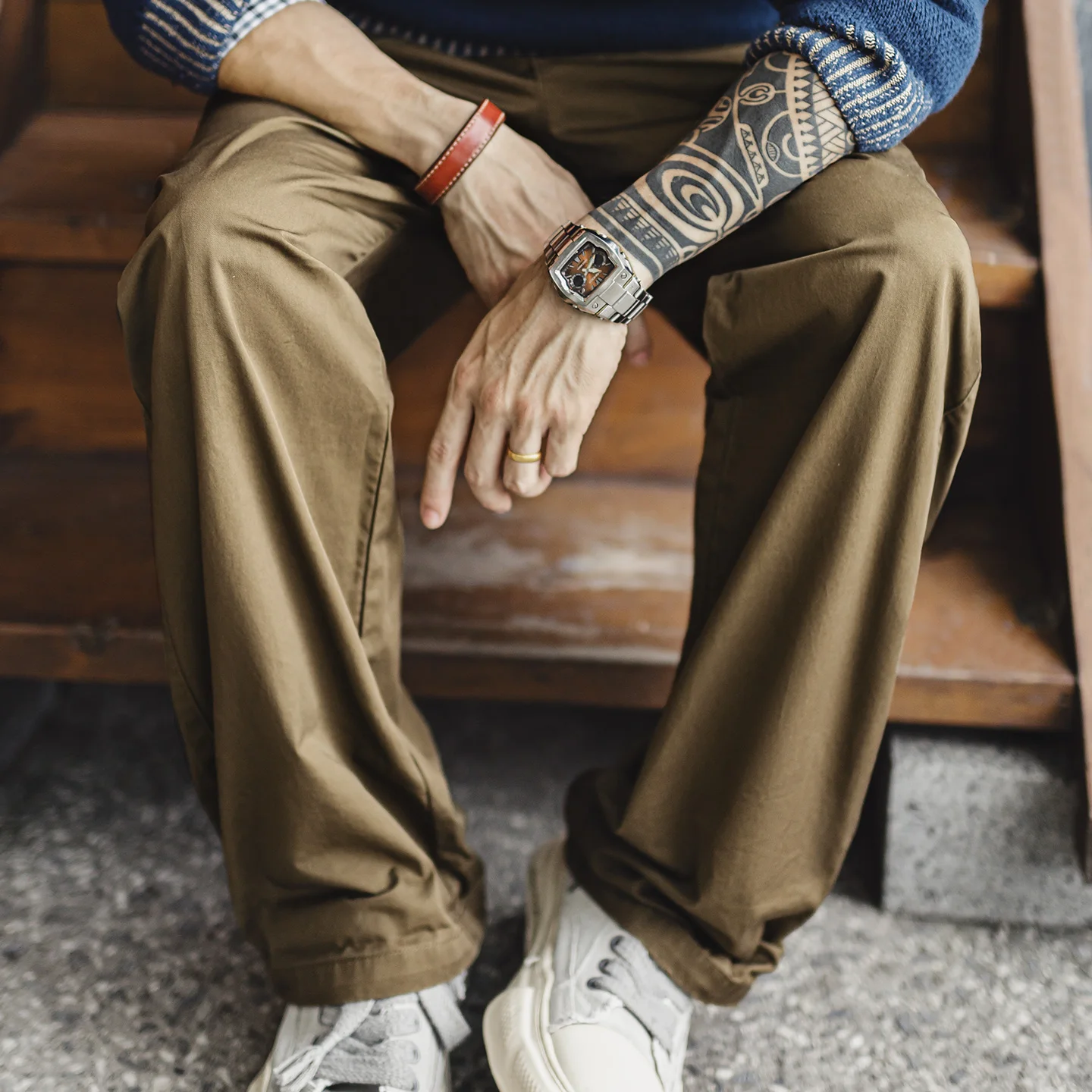 

Maden Khaki Chino Pants Vintage Men's Straight Leg Cotton Trousers with Mock Stitching Casual Long Pants for Autumn and Winter