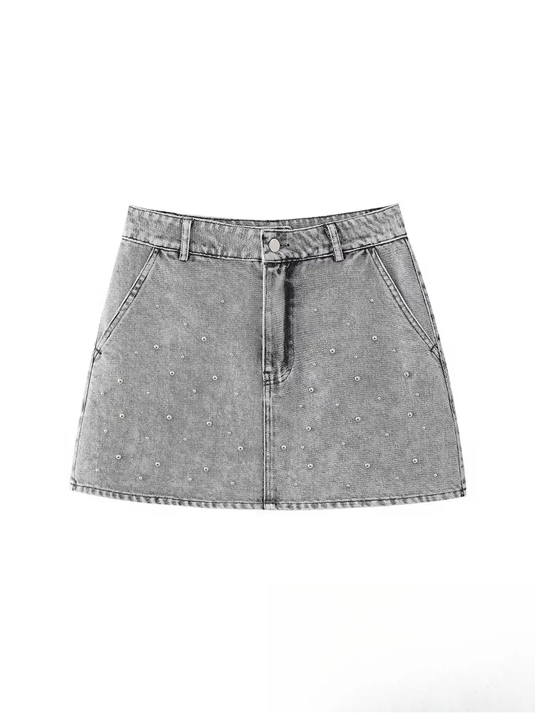 

Винтажная повседневная шикарная женская юбка, однотонная тонкая джинсовая короткая юбка из искусственного жемчуга, новая мода, лето 2025, уличная мини-юбка
