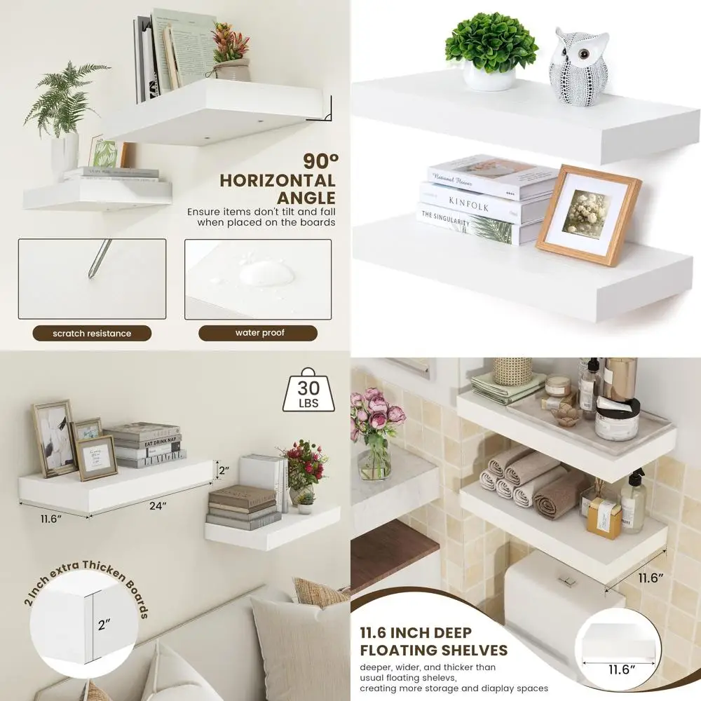 

24 Inch Set of 2 White Floating Shelves, 12 Inch Deep for Rustic Wood Style | Ideal for Living Room, Bathroom, Laundry, and Kitc