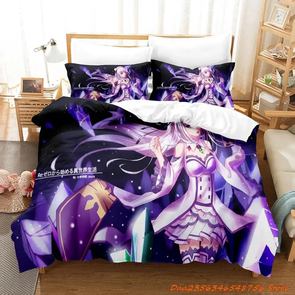 

New Re Zero Rem Ram Bedding Set Cartoon Anime three-piece set Adult Kid Bedroom Duvet cover Sets 3D Kawaii Girl Home textile