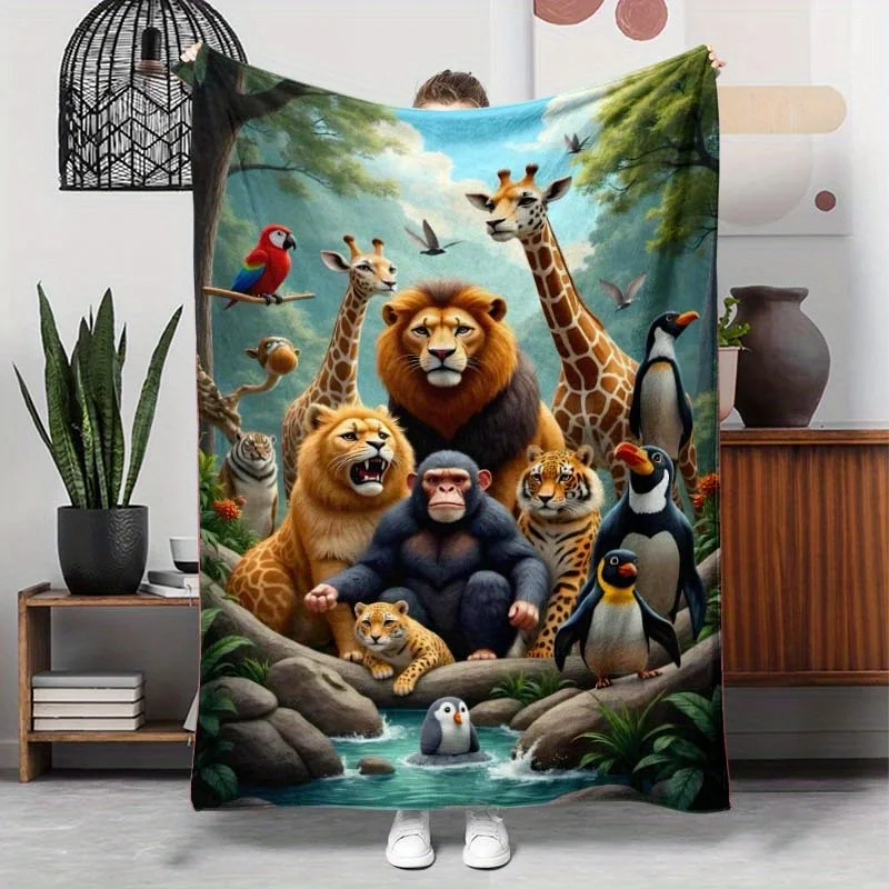 Rainforest Wildlife Flannel Blanket, Multiple Jungle Animals Gathering Scene Pattern Lightweight Throw Blanket for Bed Couch