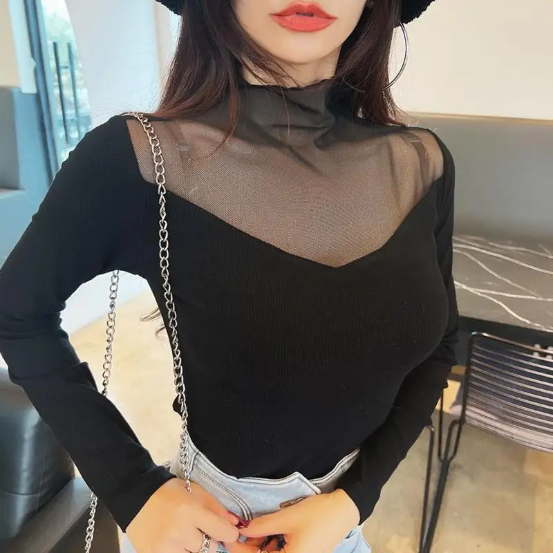 

5Studio Bla Sexy Long Sve T-irt Me Splice Slim Fit Classic Sle Commute Wind Spring Faion Women's Top MH58