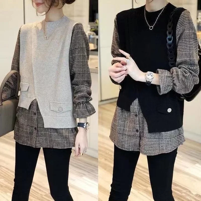 Fake Two-piece Sweater Women\'s Spring and Autumn Thin Section 2024 New Loose Korean Plaid Stitching Round Neck Pullover Top E51