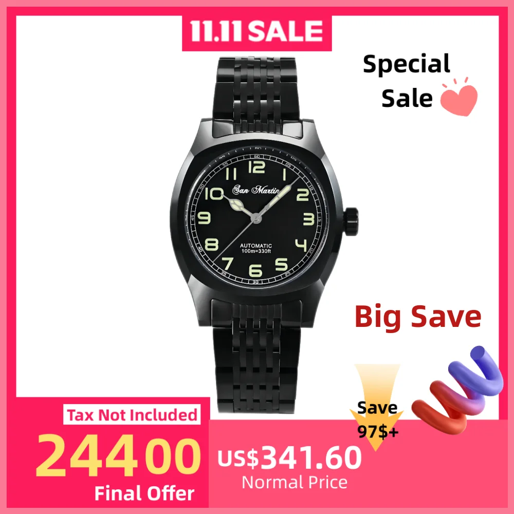 

San Martin 38 мм оригинальные черные военные механические автоматические часы мужские часы с сапфировым стеклом Relogio Automático 10Bar SN0026AH