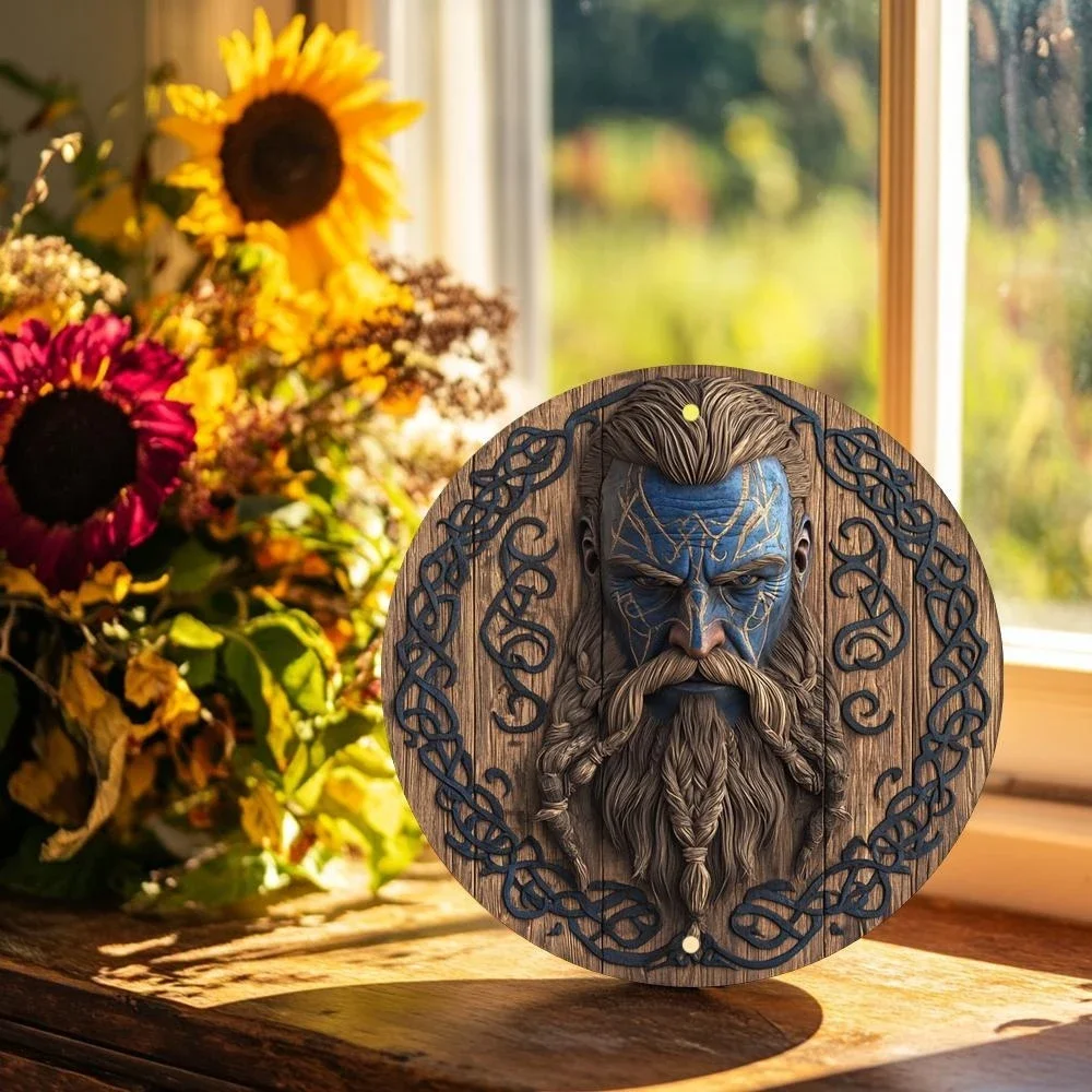 2D Retro Viking Warrior 4in Wooden Disc, Art Design, Hanging Decoration, Suitable for Home doorplate Office Bar Decorations