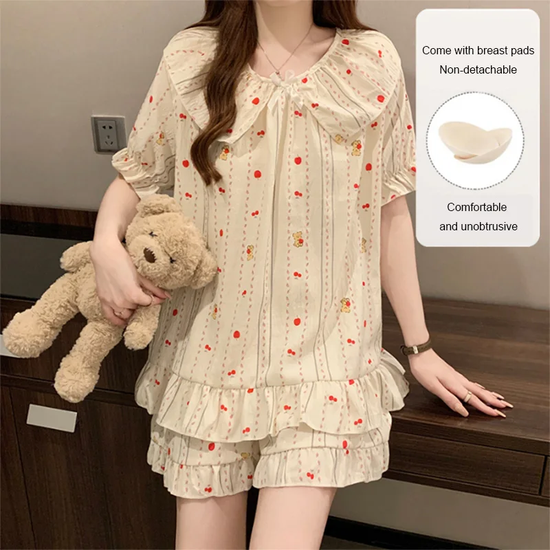 2 قطعة مجموعة الصيف قصيرة الأكمام الحلو الأميرة نمط فضفاض السراويل بيجامة مع الصدر ملابس المنزل 2025 ملابس خاصة جديدة