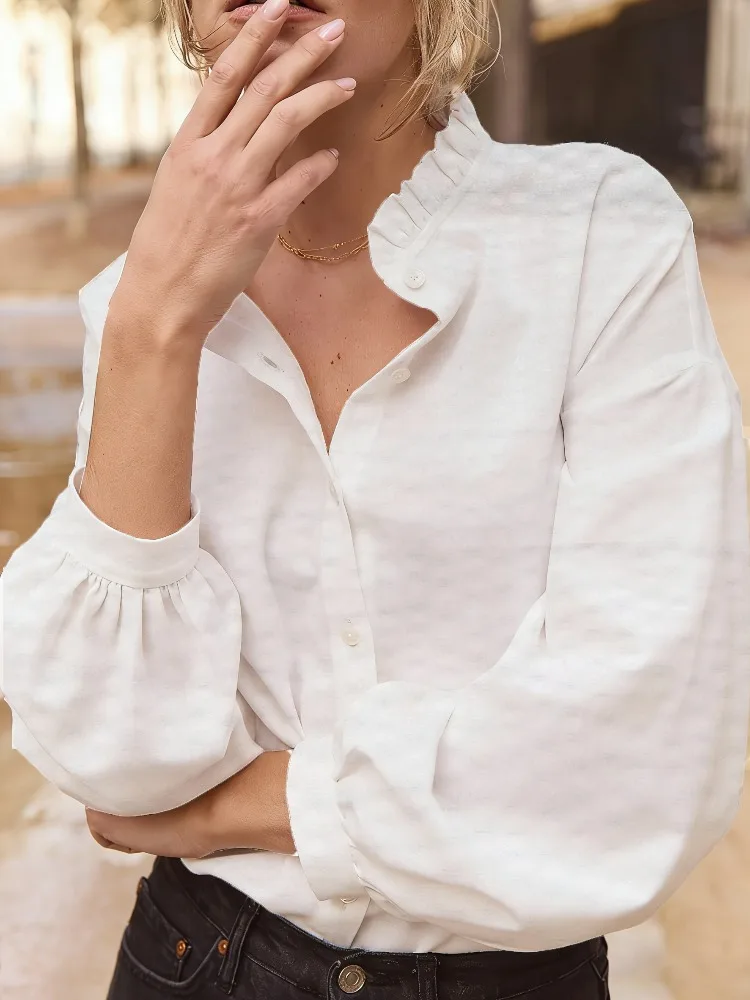 

White Ruffle Trim Puff Sleeve Loose Fit Oversized Stand Collar Shirt Womens Elegant Versatile Commuter Top Spring Summer Fall