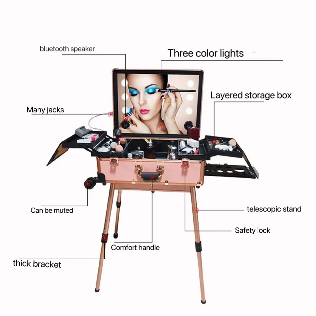 Bluetooth Professional Aluminum trolley with LED light cosmetic box/ table hairdressing embroidery nail kit makeup case  21 inch