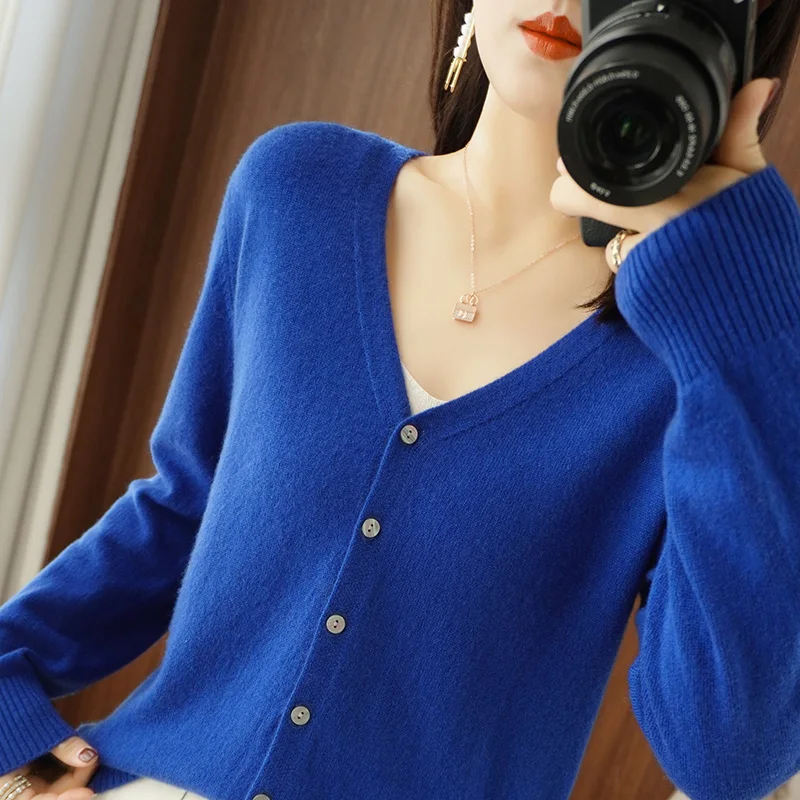 Autumn Winter Women Wool Blend Sweater V-neck Solid Color Cardigan Female Warm Casual Knitted Bottoming Coat Comfortable Tops