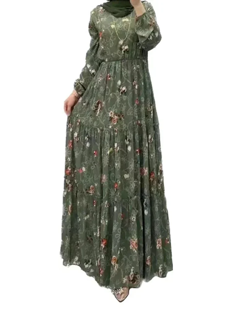 Eid Morocco Dress Women Muslim Abaya Jalabiya Turtleneck Floral Print Belted Dubai Kaftan Robe Vestidos Ramadan Abayas Dresses