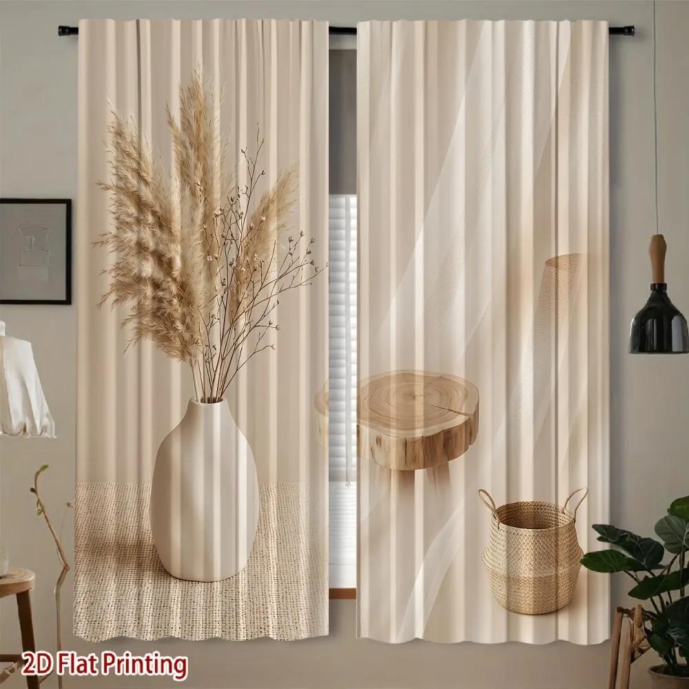 2PCS Minimalist Curtains, Pampas Vase Wood Stump, Digital Print, Bedroom Living Room, Office, Polyester, Window Drapes