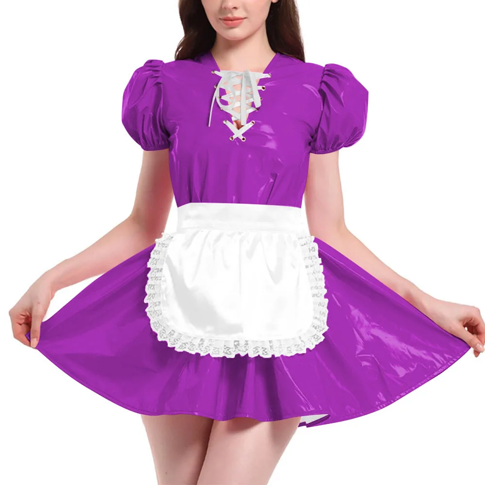 

French Maid Outfit Puff Short Sleeve Mini Dress with Apron PVC Leather Sweet Kawaii Maid Cosplay Costume Maid Cross Dressing Set